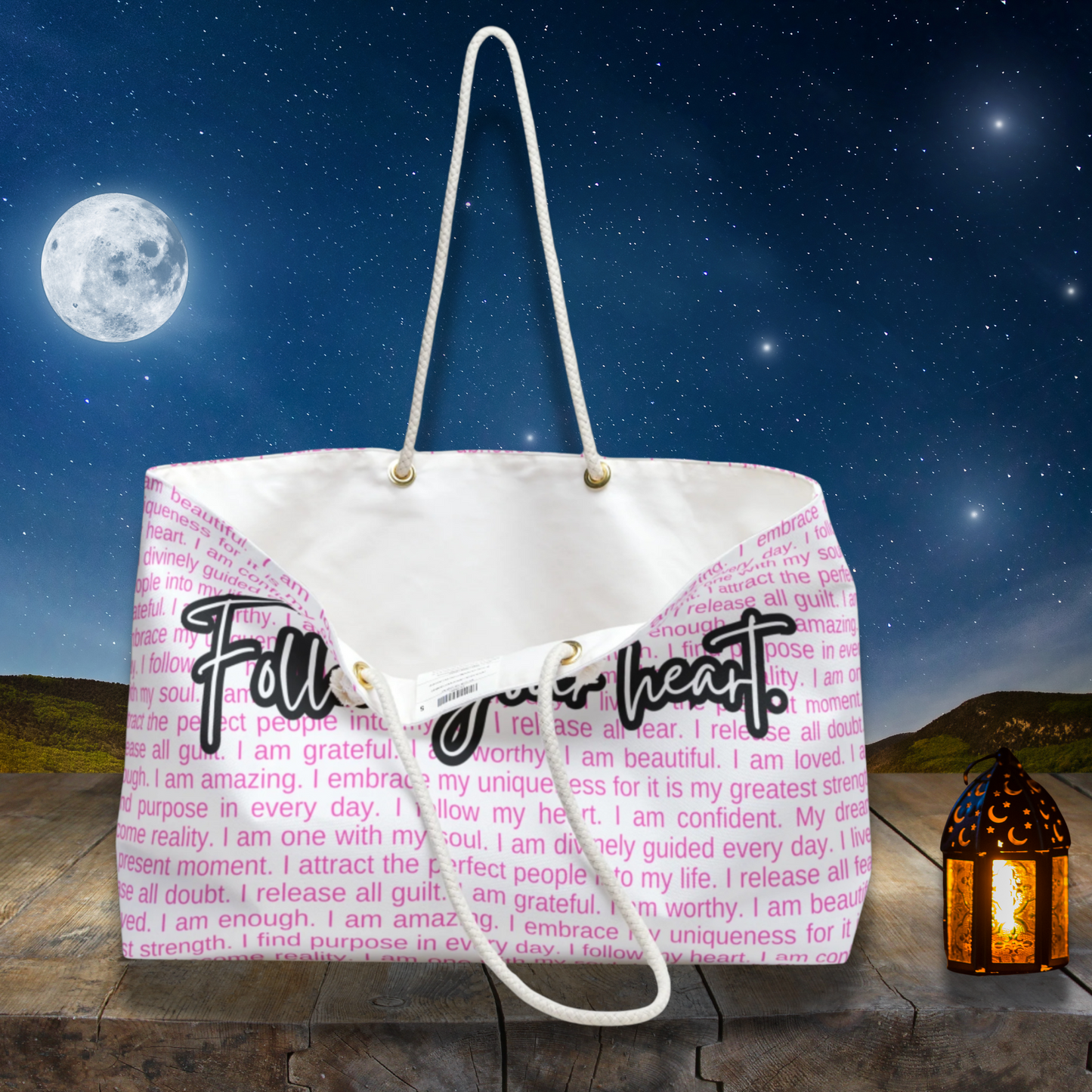 Follow Your Heart with Self Love Affirmations White Large Weekender Travel Bag