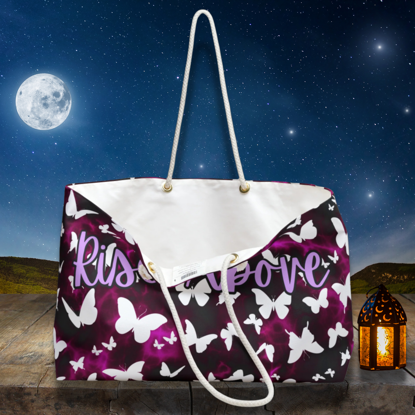 Rise Above White Butterfly over Pink and Black Tye Dye Large Weekender Travel Bag