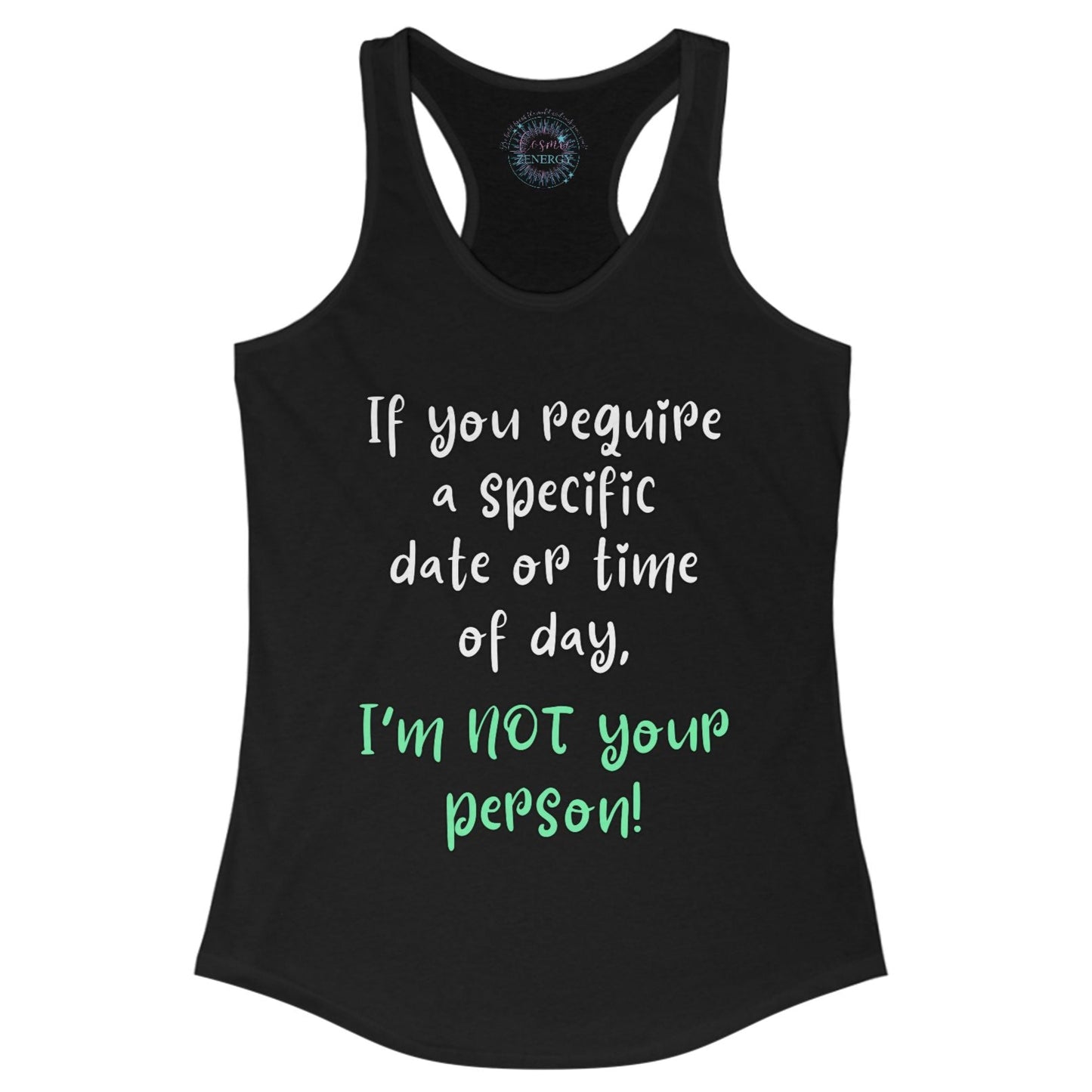 Black tank top with humorous text on a white background