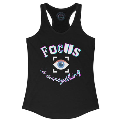 Black tank top with 'FOCUS is everything' text and eye graphic on a white background
