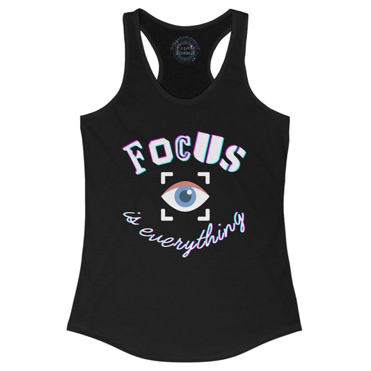 Black tank top with 'FOCUS is everything' text and eye graphic on a white background