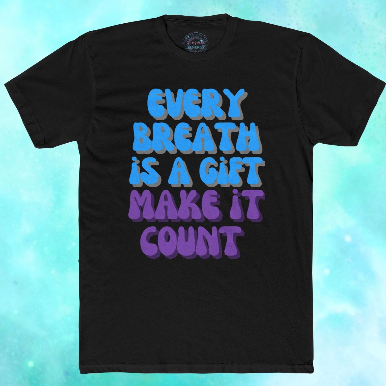 Black t-shirt with motivational quote on a blue gradient background