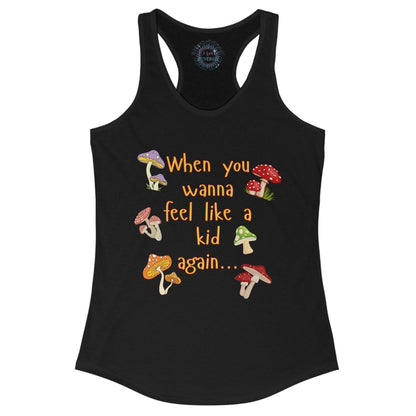 Black tank top with mushroom design and text on a white background