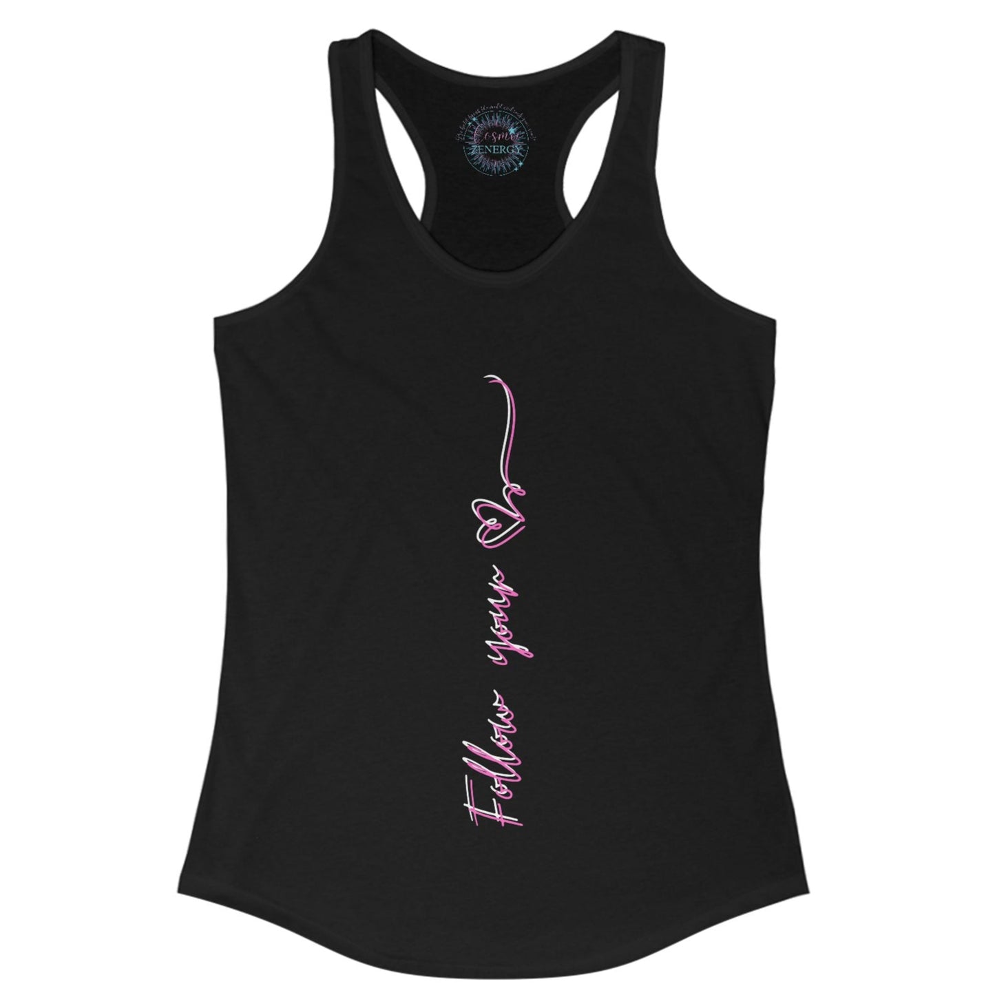 Black tank top with pink text on a white background
