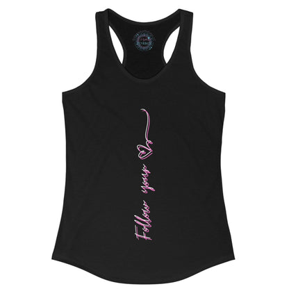 Black tank top with pink text on a white background