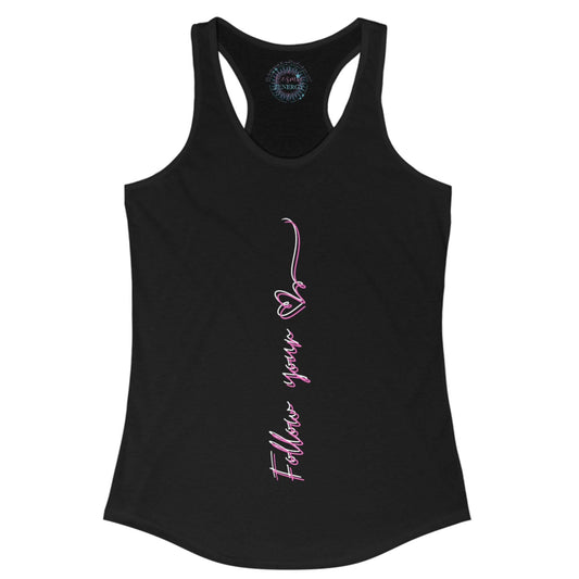 Black tank top with pink text on a white background