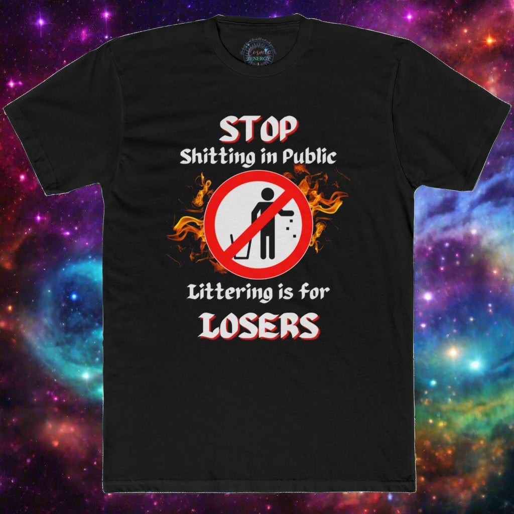 Black t-shirt with humorous graphic and text on a blue gradient background