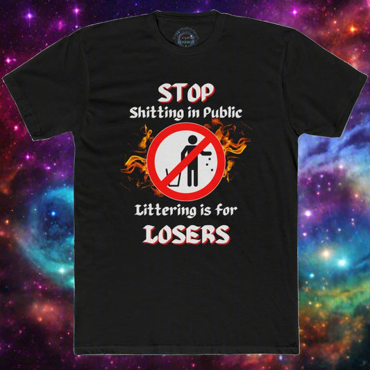 Black t-shirt with humorous graphic and text on a blue gradient background