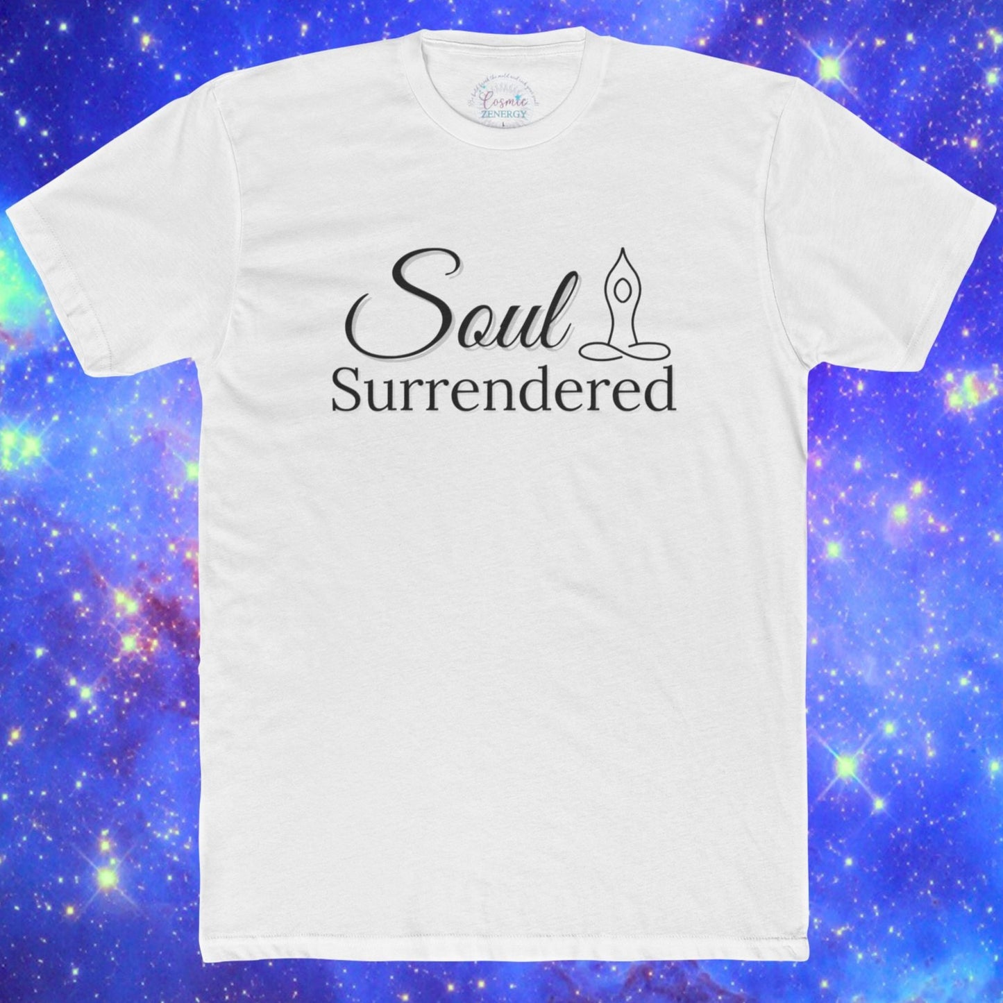 White t-shirt with 'Soul Surrendered' text on a cosmic background