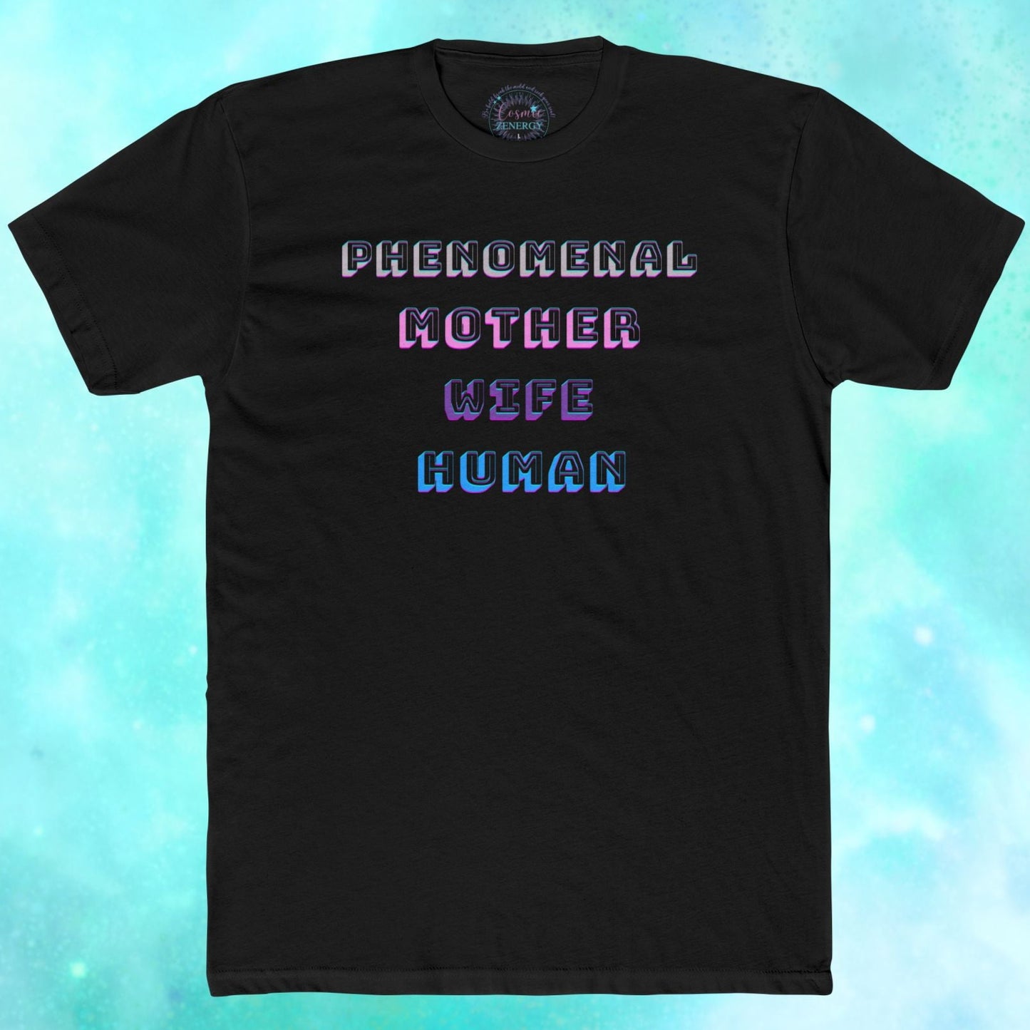 Black t-shirt with colorful text on a blue gradient background