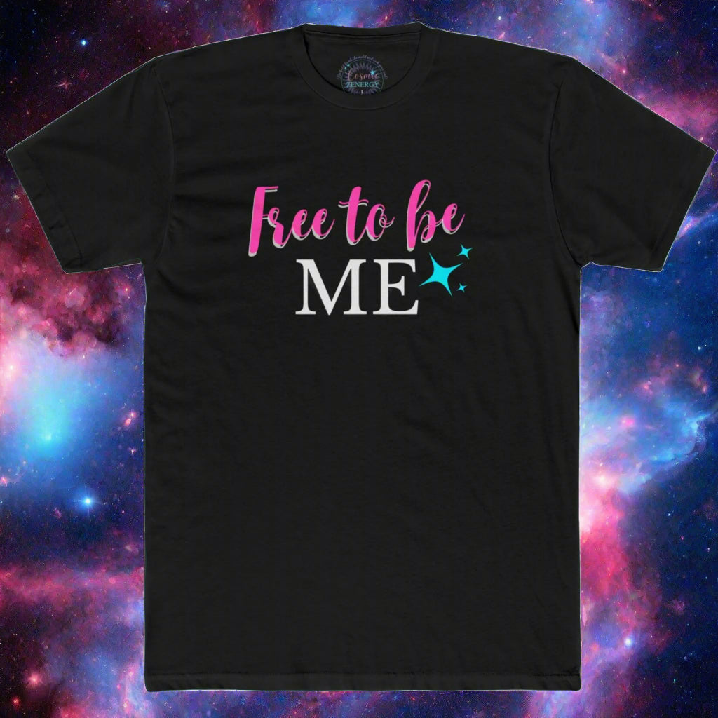 Black t-shirt with 'Free to be ME' text on a blue gradient background
