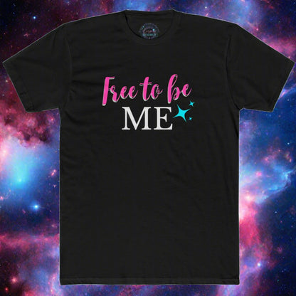 Black t-shirt with 'Free to be ME' text on a blue gradient background