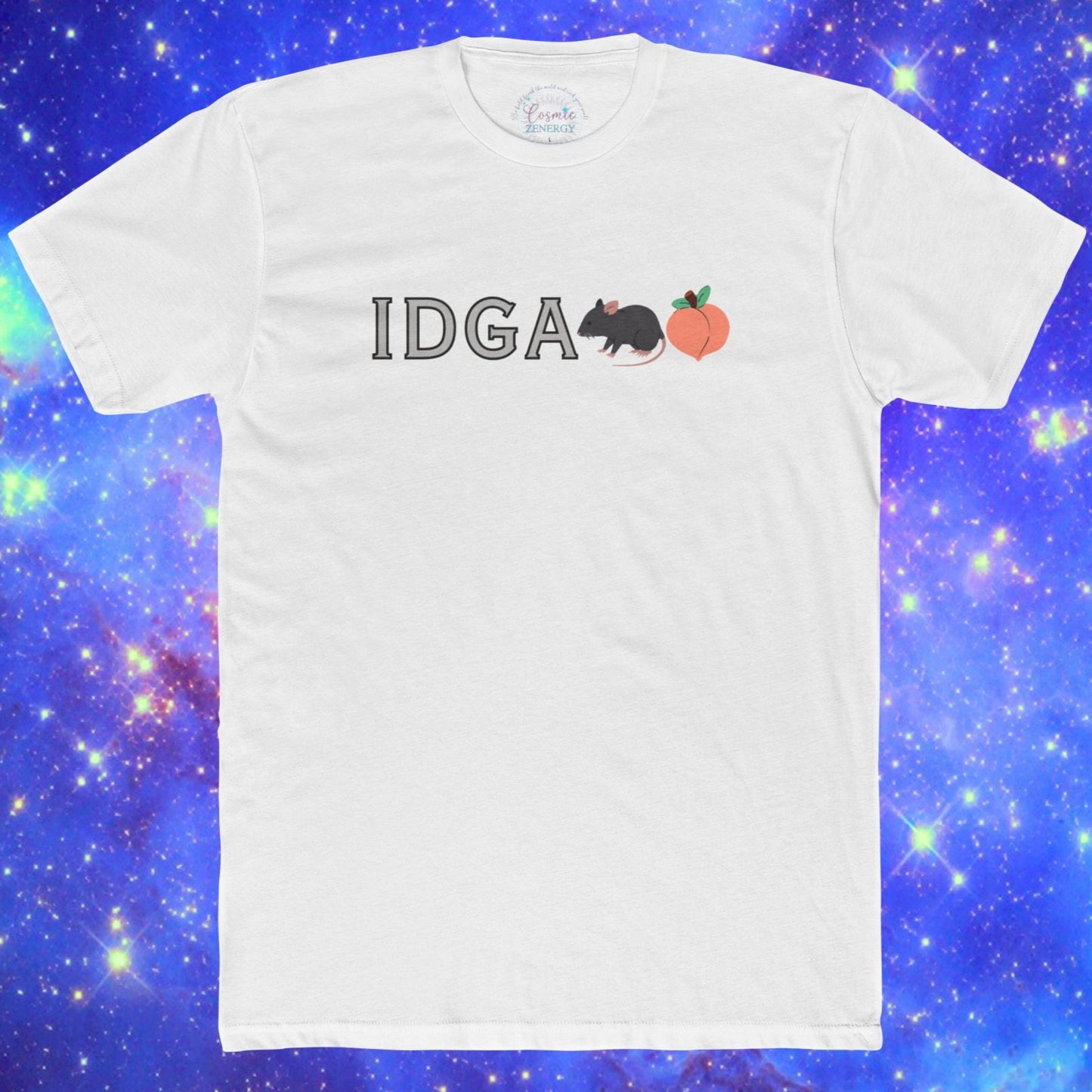 White t-shirt with 'IDGA' text and graphic on a cosmic background