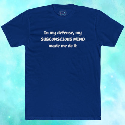 Blue t-shirt with humorous text on a blue gradient background