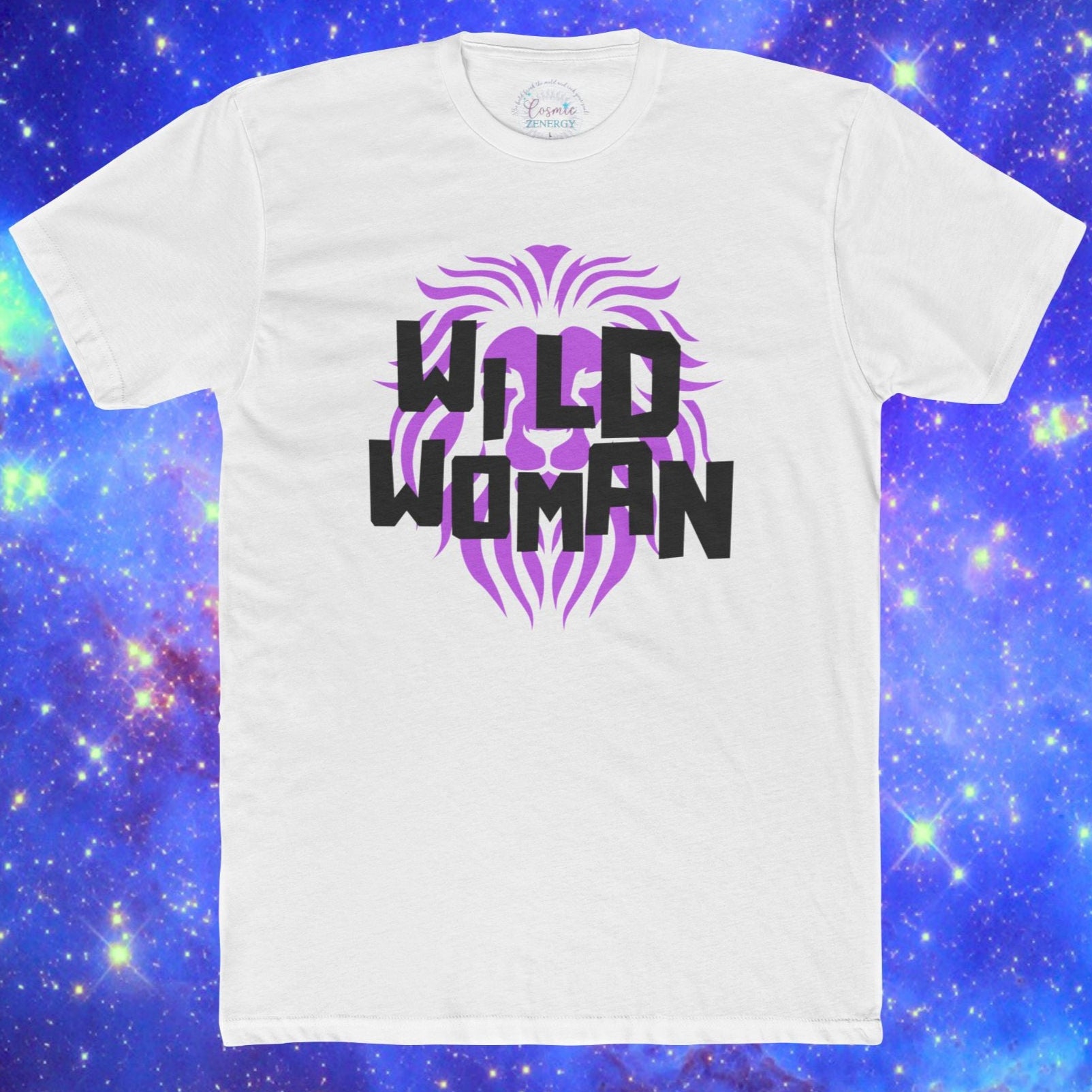 White t-shirt with 'Wild Woman' design on a cosmic background