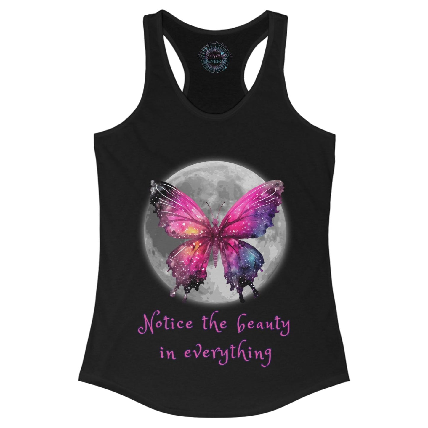 Black tank top with a colorful butterfly design and text on a white background