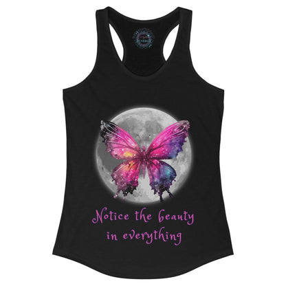 Black tank top with a colorful butterfly design and text on a white background