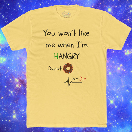 Yellow t-shirt with humorous text design on a starry space background
