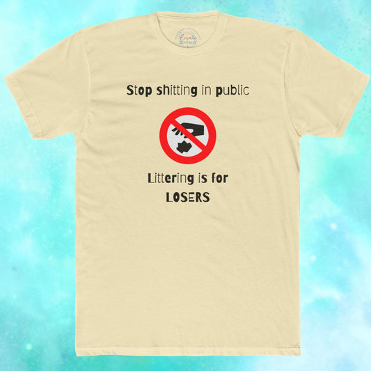 Beige t-shirt with humorous text and graphic on a blue gradient background