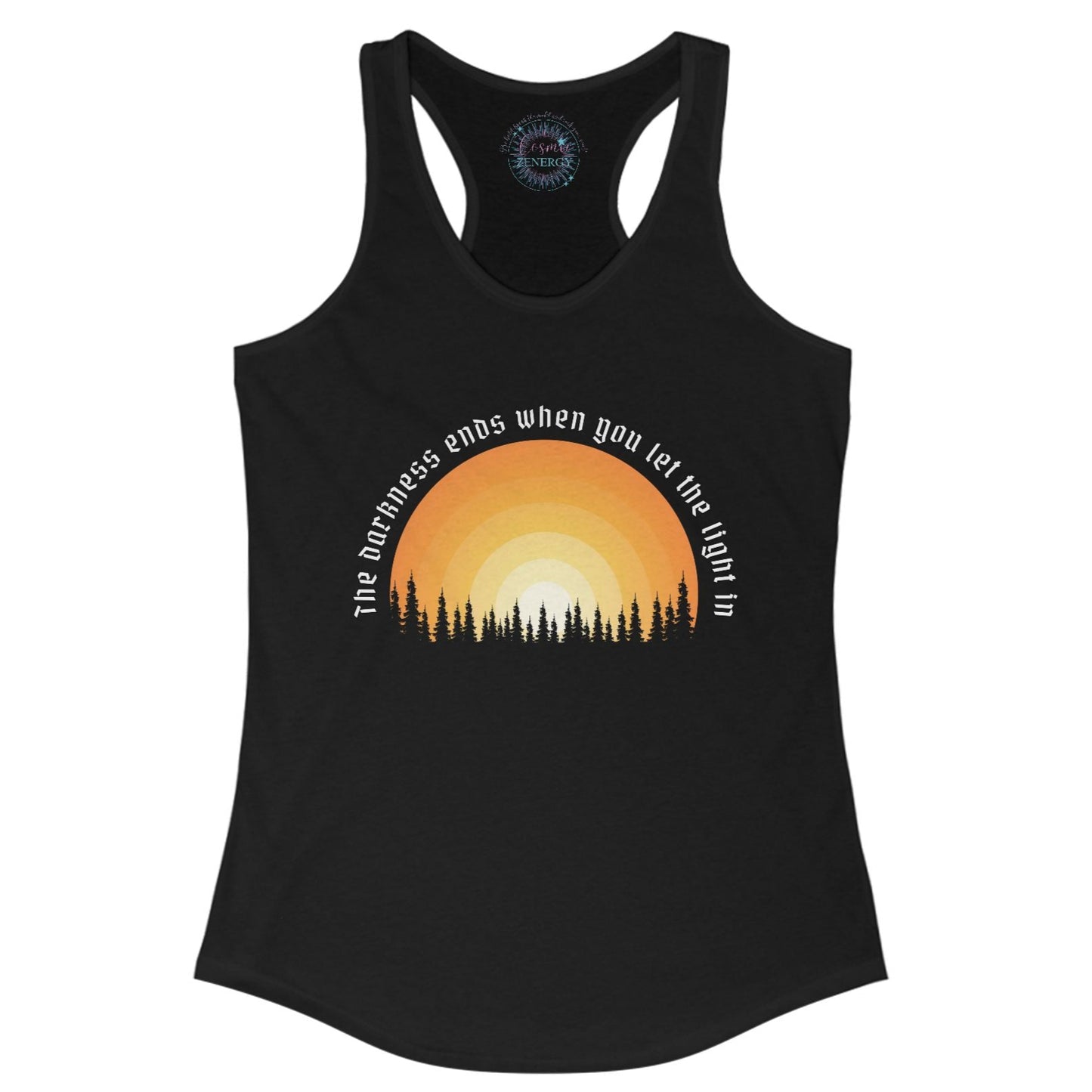 Black tank top with sunset design and text on a white background