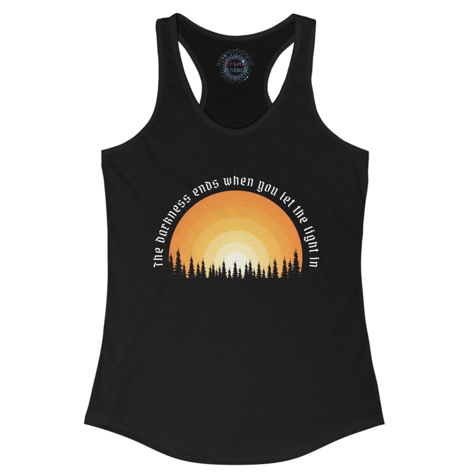 Black tank top with sunset design and text on a white background