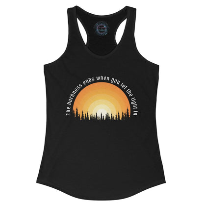 Black tank top with sunset design and text on a white background
