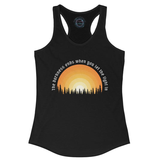 Black tank top with sunset design and text on a white background