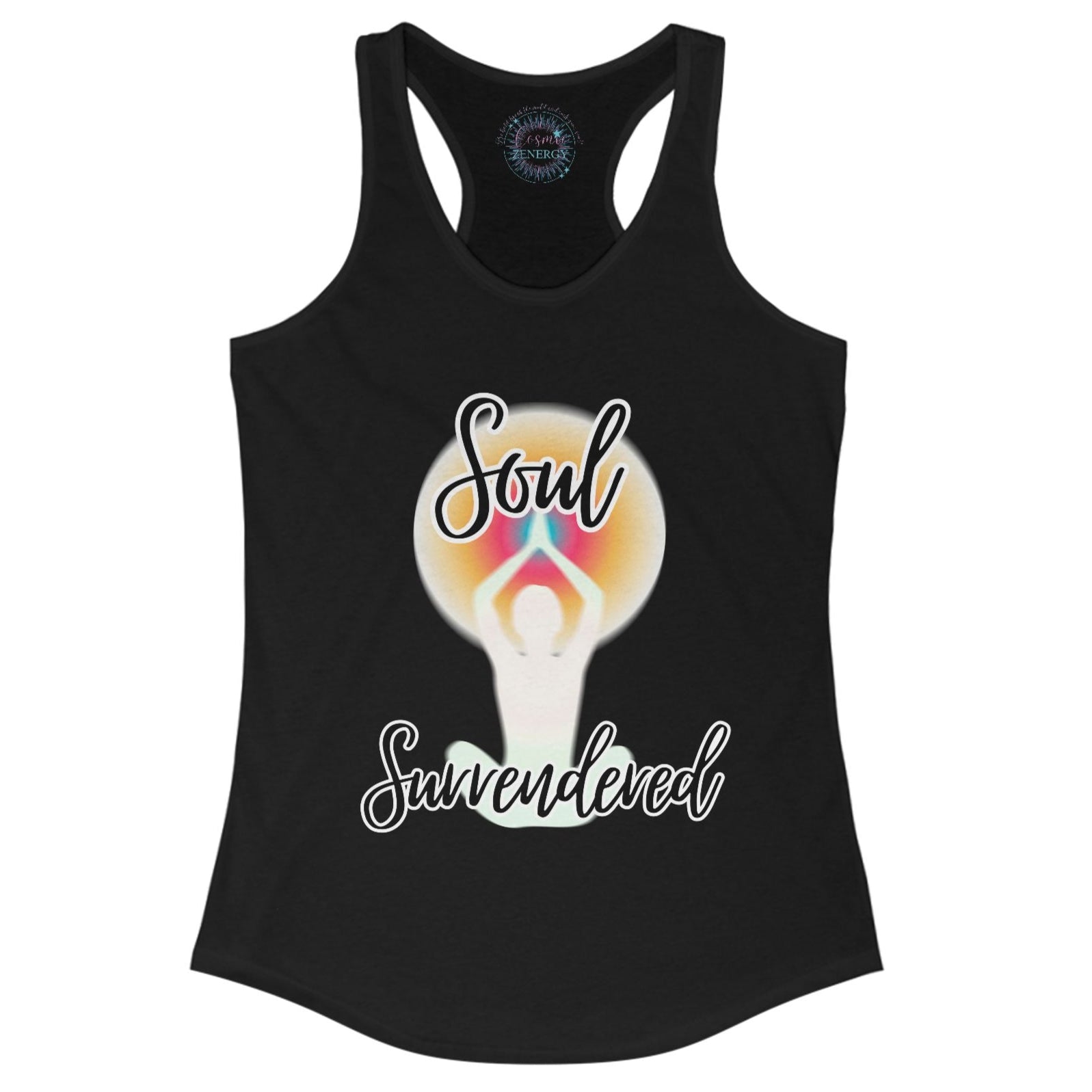 Black tank top with colorful graphic and text on a white background