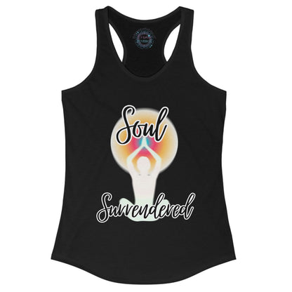 Black tank top with colorful graphic and text on a white background