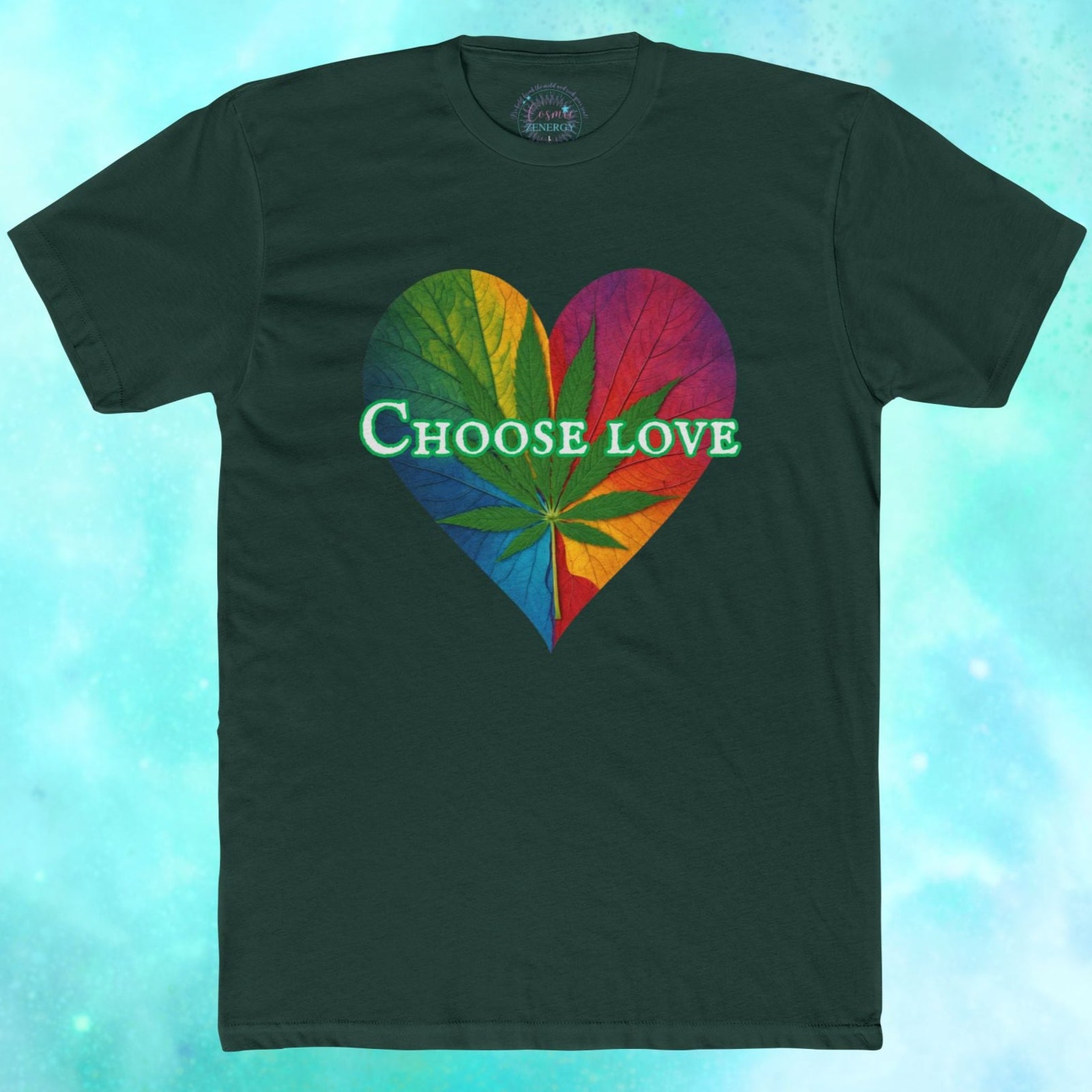 Black t-shirt with a colorful heart design featuring leaves and 'CHOOSE LOVE' text on a blue gradient background.
