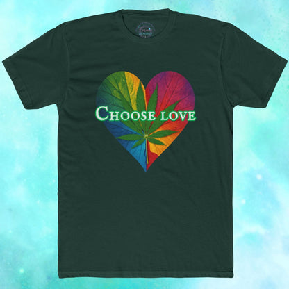 Black t-shirt with a colorful heart design featuring leaves and 'CHOOSE LOVE' text on a blue gradient background.