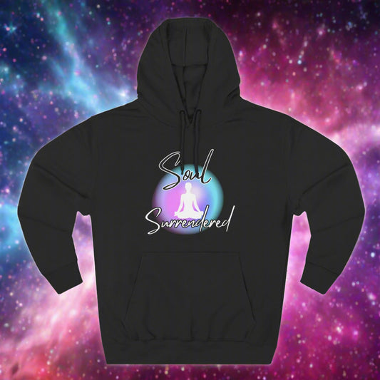 Black hoodie with 'Soul Surrendered' text on a colorful tie-dye background