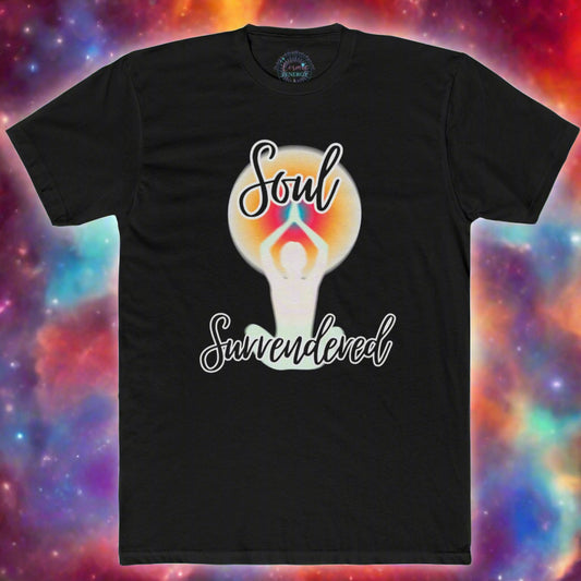 Black t-shirt with 'Soul Savored' design on a blue gradient background