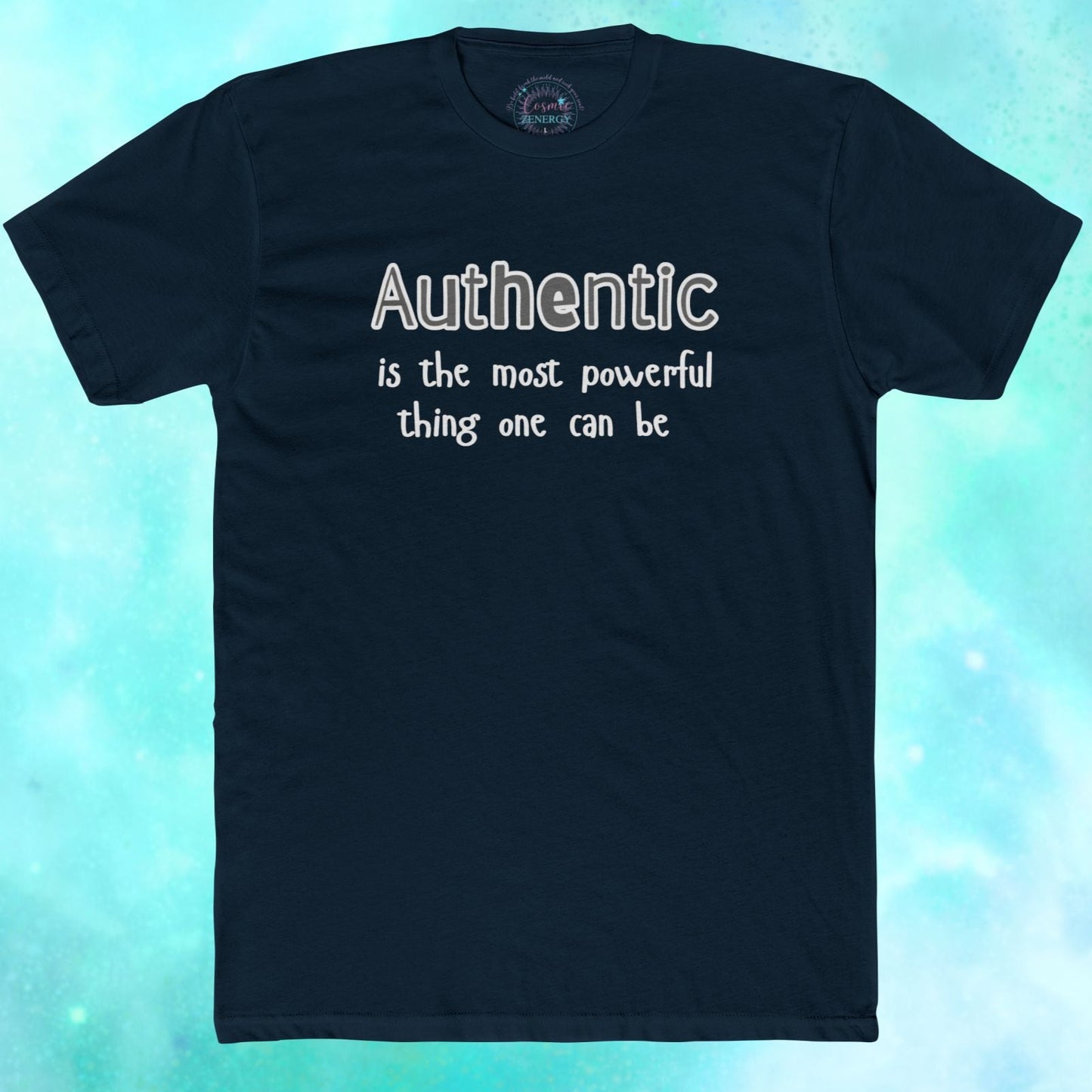 Black t-shirt with motivational quote on a blue gradient background