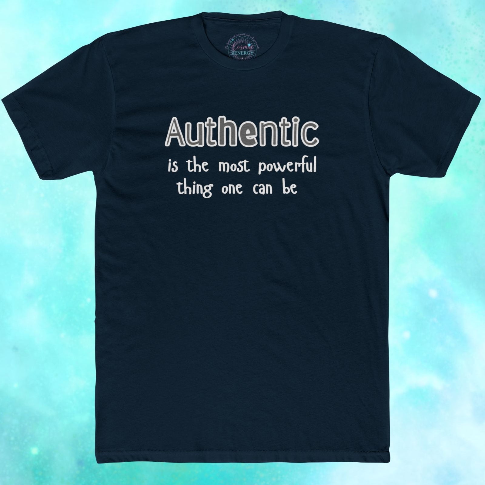 Black t-shirt with motivational quote on a blue gradient background