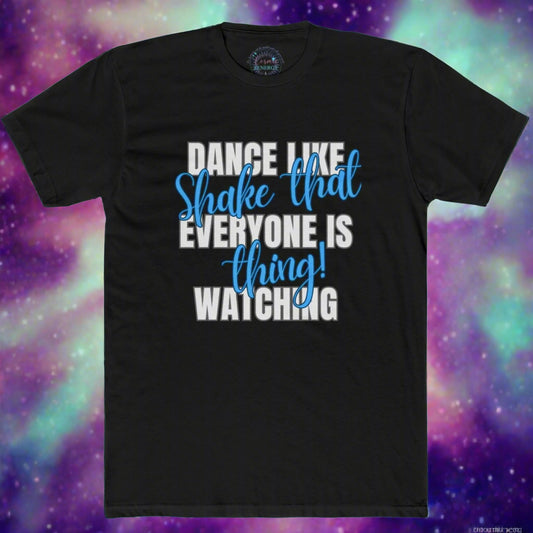 Black t-shirt with humorous text design on a blue gradient background