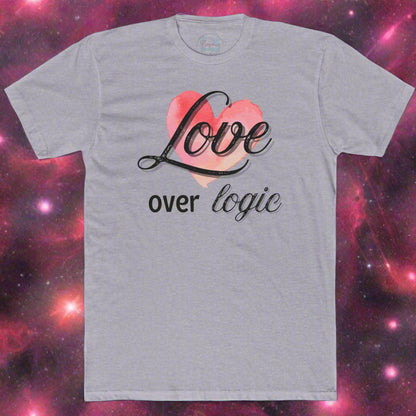 Gray t-shirt with 'Love over logic' design on a blue and green gradient background
