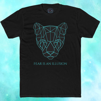 Black t-shirt with geometric panther design and 'Fear is an Illusion' text on a blue gradient background