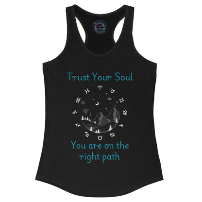 Black tank top with motivational text and celestial design on a white background