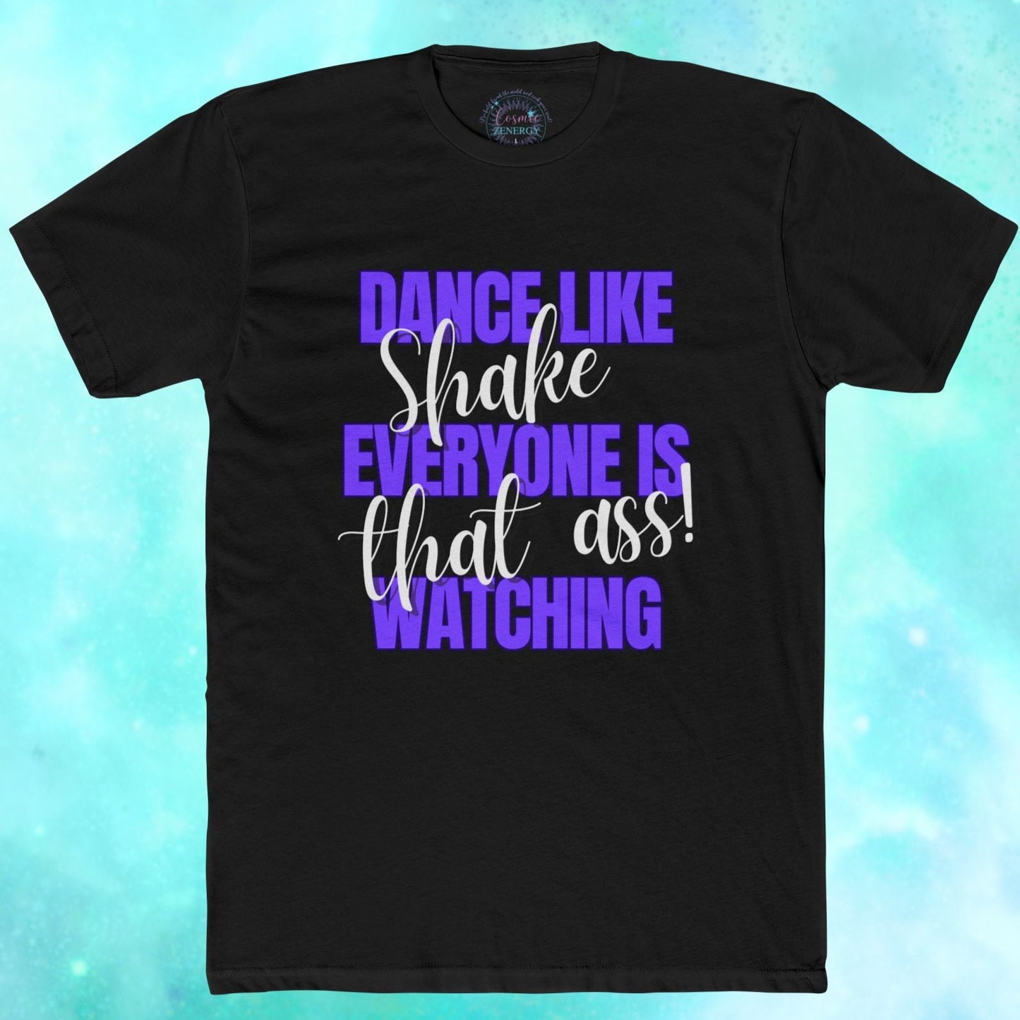 Black t-shirt with colorful text on a blue gradient background