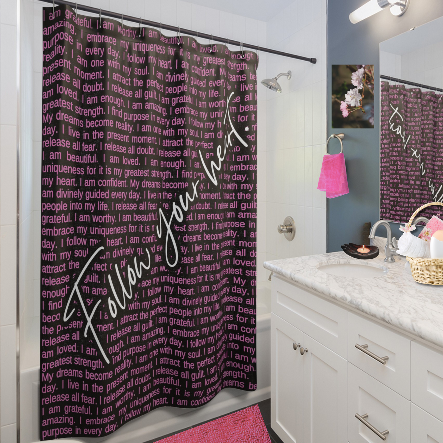 Follow Your Heart with Self Love Affirmations Black and Pink Shower Curtain